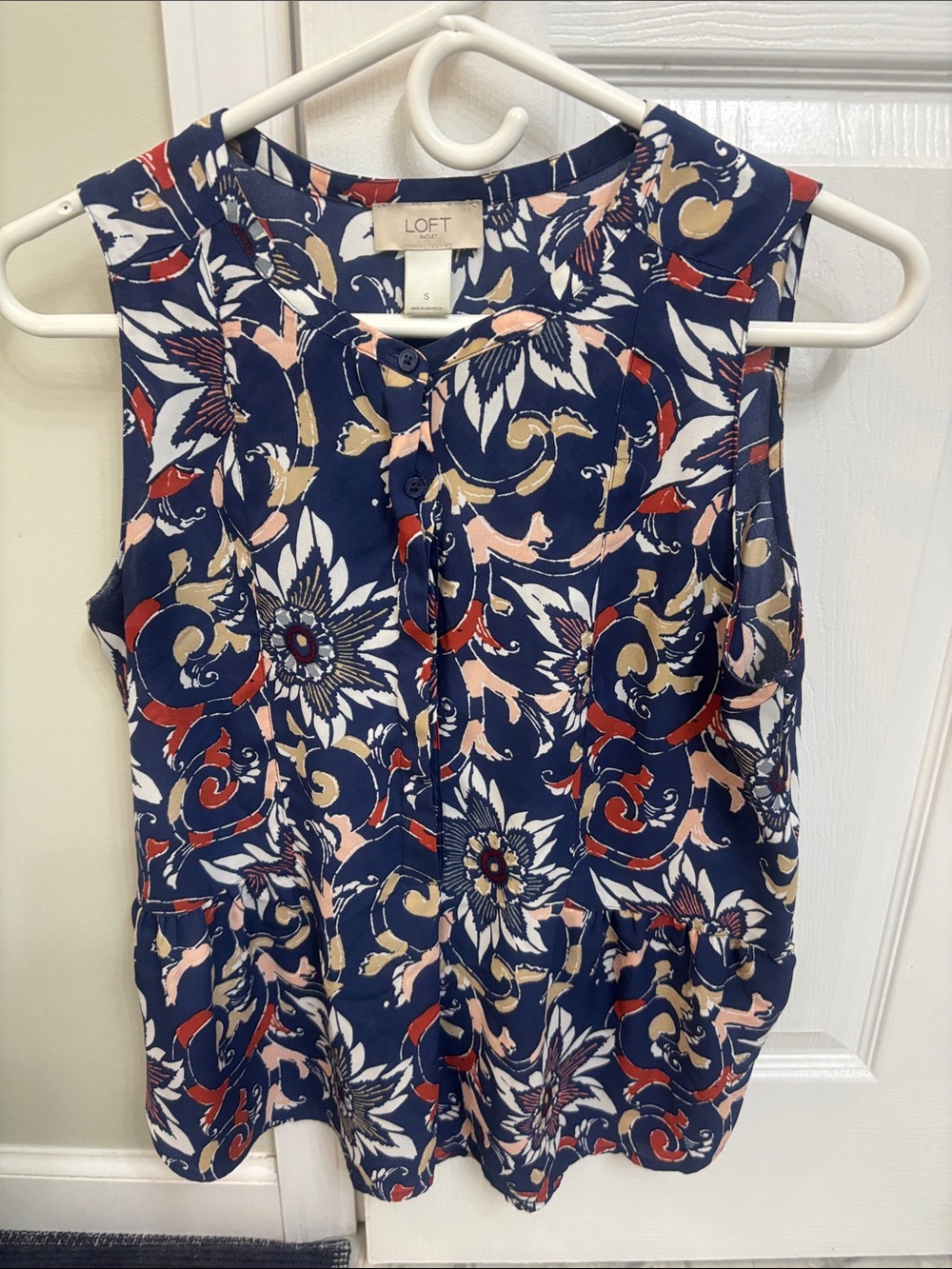 LOFT Navy Floral Print Sleeveless Top with Red and Cream Accents